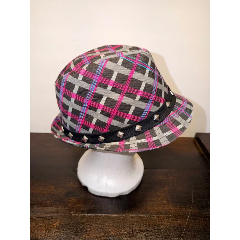 Monster High Plaid Fedora Hat with‎ Studded Band Pink Skull Logo Kids